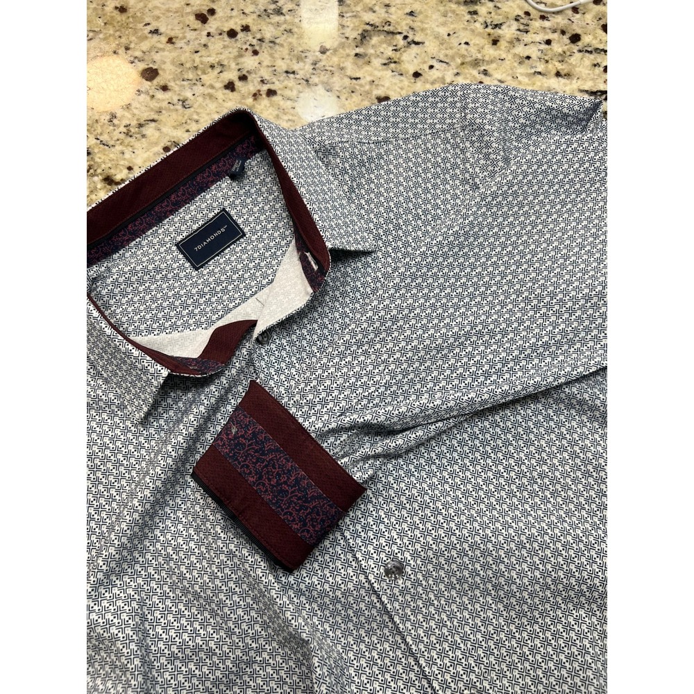 7Diamonds Mens Geometric Diamond Print Button Down Shirt Navy White Burgundy S